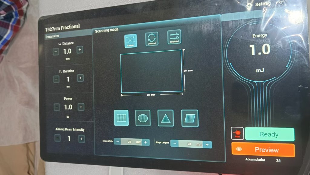 Thulium laser 1927nm laser treatment parameter interface